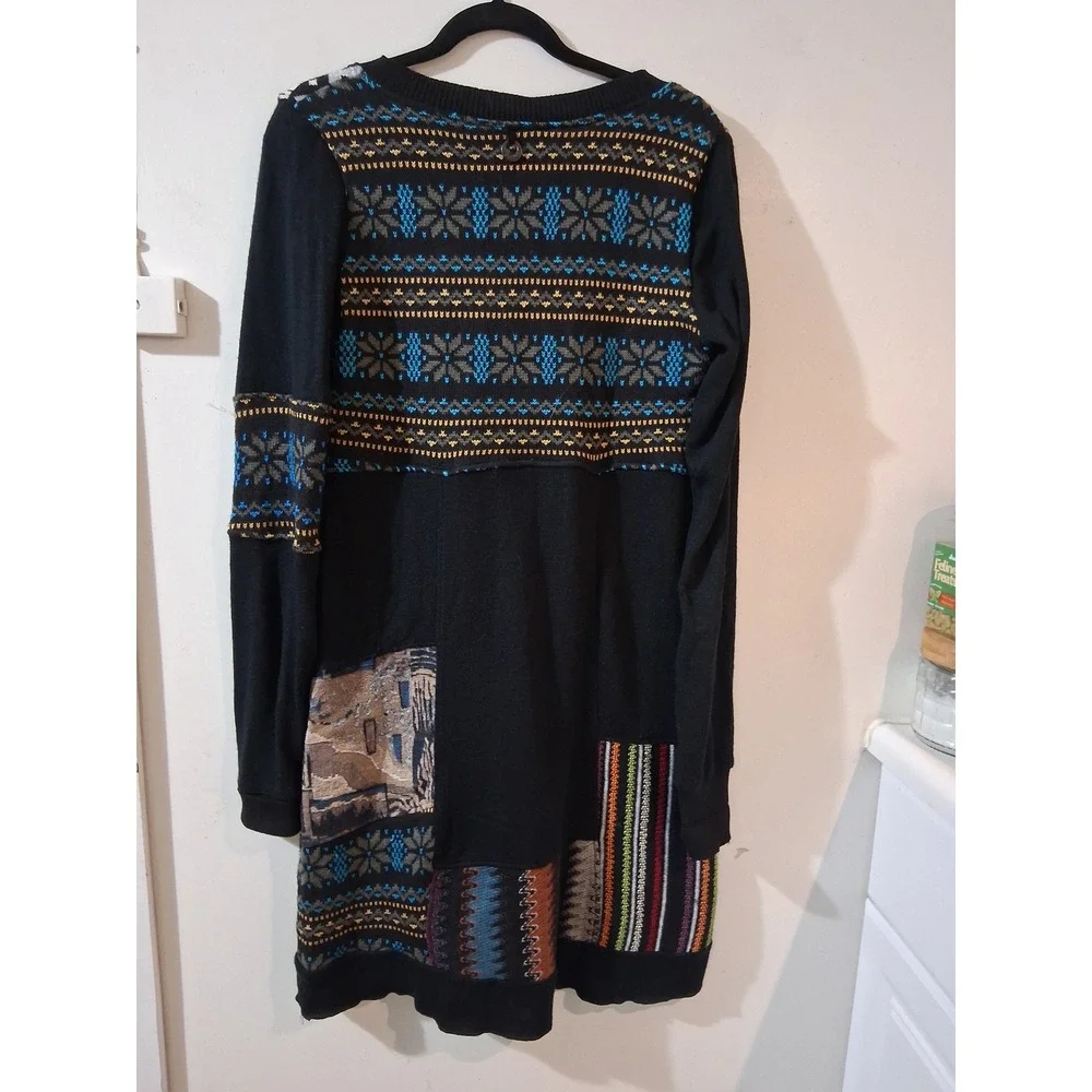 Kessley Womens Patchwork Mixed Media Sweater Dress Black Multi V-Neck Beaded M - Picture 6 of 11
